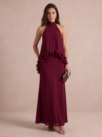 A Line Wedding Guest Dresses High Neck Chiffon Burgundy Formal Dresses