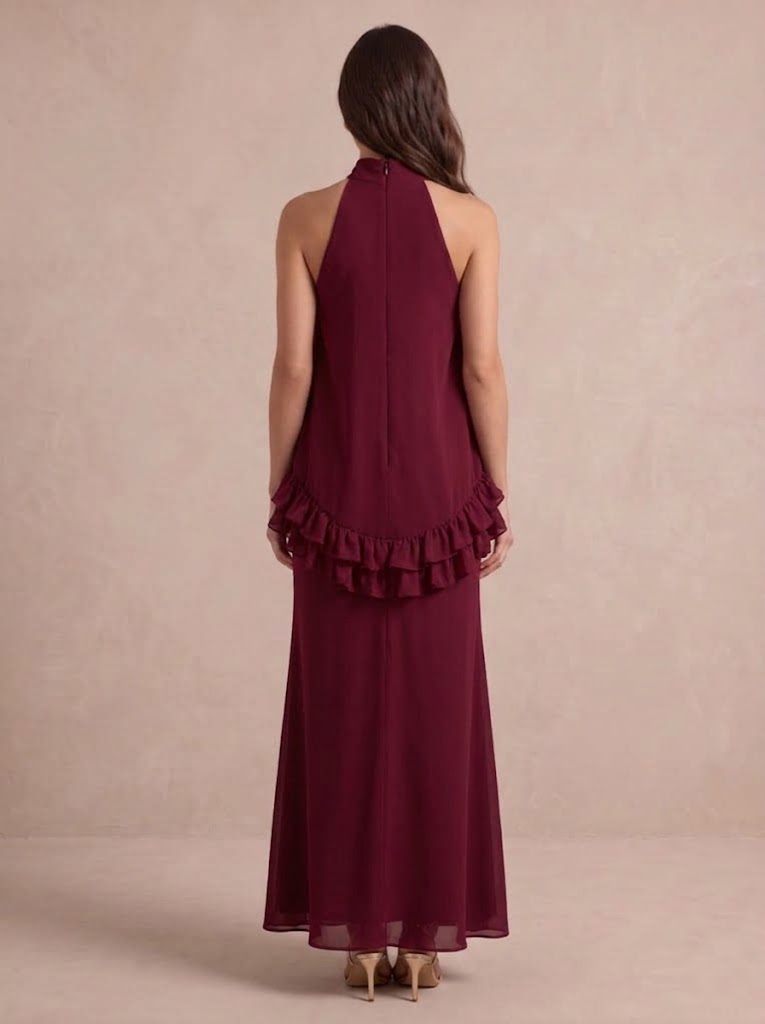 A Line Wedding Guest Dresses High Neck Chiffon Burgundy Formal Dresses