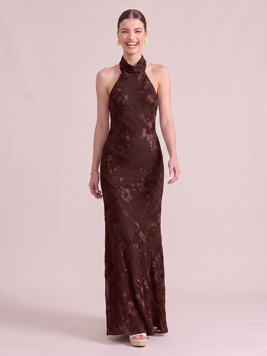 Mermaid Wedding Guest Dresses High Neck Floral Chiffon Sleeveless Long Brown 2026