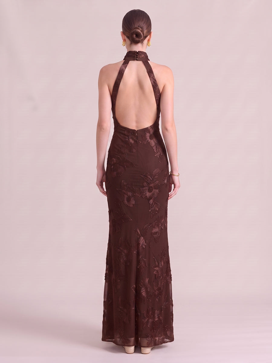 Mermaid Wedding Guest Dresses High Neck Floral Chiffon Sleeveless Long Brown 2026