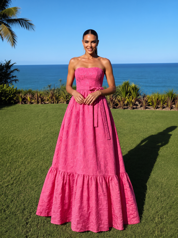 A Line Wedding Guest Dresses Strapless Jacquard Sleeveless Long Pink 2026