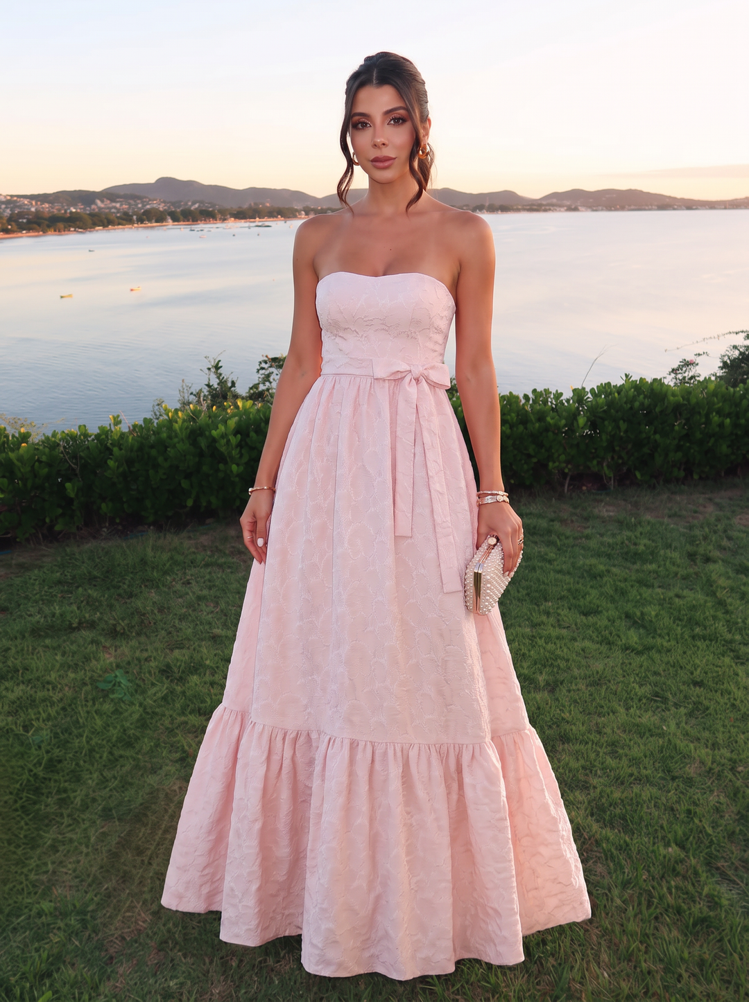 A Line Wedding Guest Dresses Strapless Jacquard Sleeveless Long Pink 2026