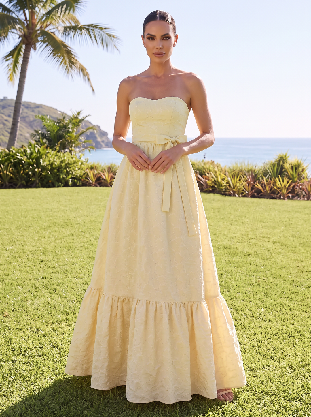A Line Wedding Guest Dresses Strapless Jacquard Sleeveless Long Pink 2026