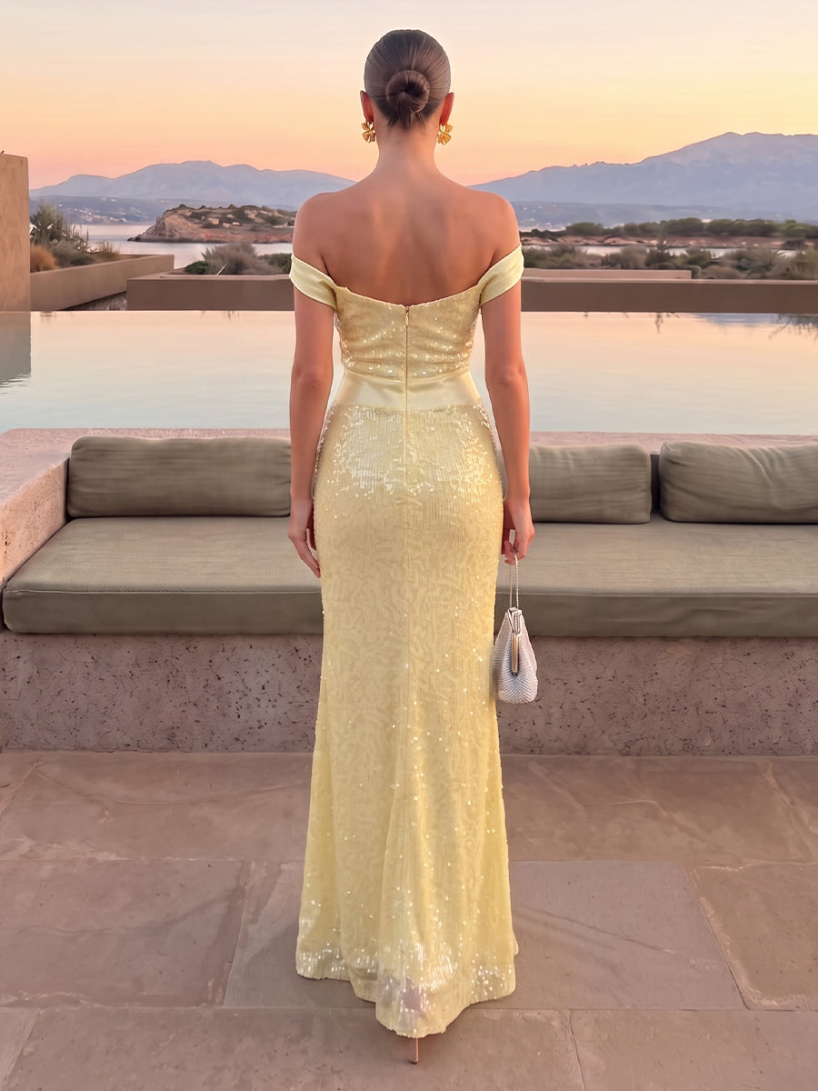 Mermaid Wedding Guest Dresses with Slit Off the Shoulder Sleeveless Long Sequins Yellow 2026