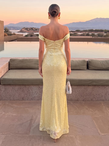 Mermaid Wedding Guest Dresses with Slit Off the Shoulder Sleeveless Long Sequins Yellow 2026