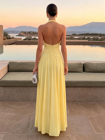 A Line Wedding Guest Dresses Halter Sleeveless Long Chiffon Pleated Yellow 2026