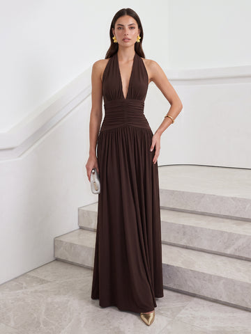 A Line Wedding Guest Dresses Halter Sleeveless Long Chiffon Brown Evening Dresses