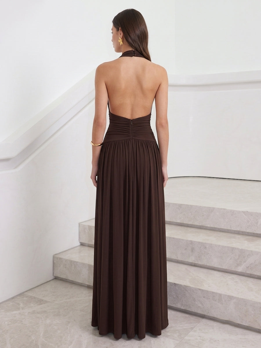 A Line Wedding Guest Dresses Halter Sleeveless Long Chiffon Brown Evening Dresses