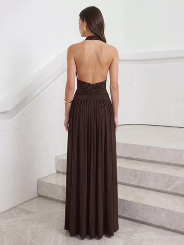 A Line Wedding Guest Dresses Halter Sleeveless Long Chiffon Brown Evening Dresses