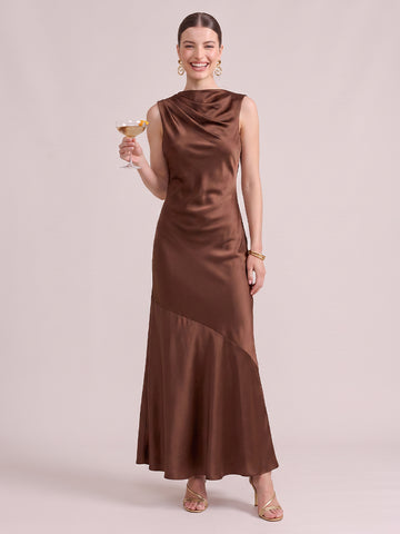 A Line Wedding Guest Dresses High Neck Sleeveless Long Satin Brown 2026