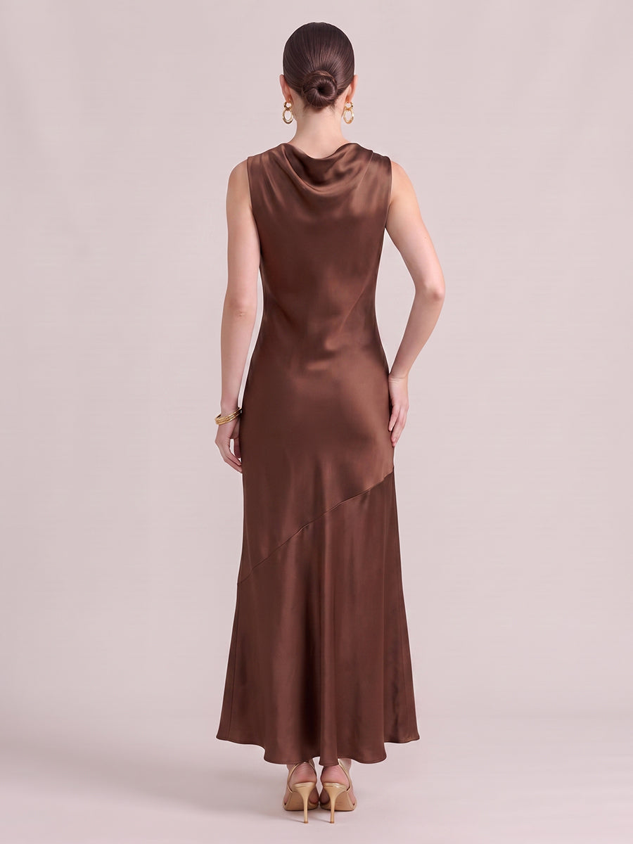 A Line Wedding Guest Dresses High Neck Sleeveless Long Satin Brown 2026
