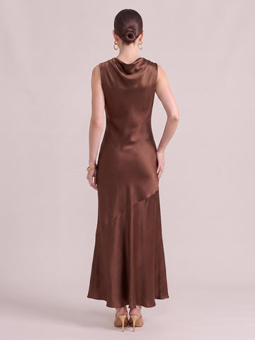 A Line Wedding Guest Dresses High Neck Sleeveless Long Satin Brown 2026