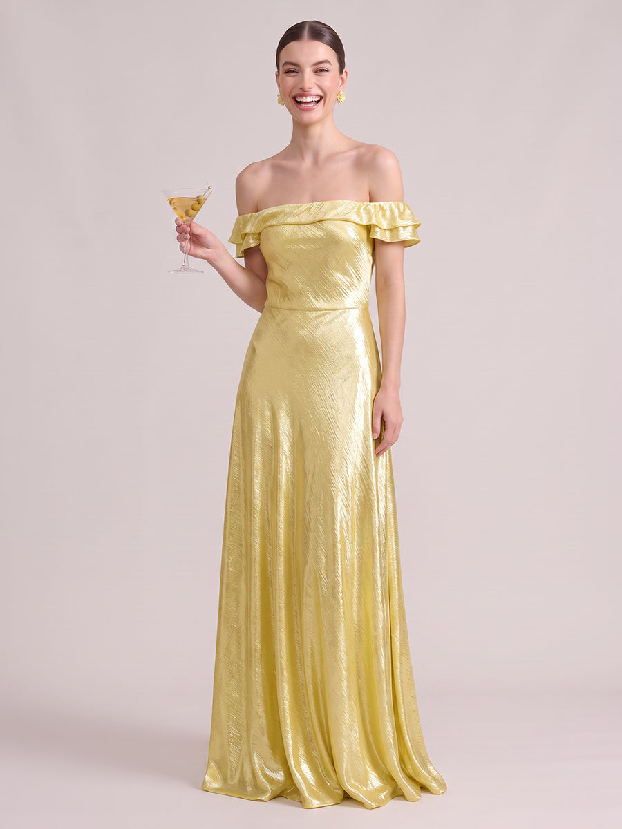 A Line Wedding Guest Dresses Off the Shoulder Metallic Sleeveless Long Satin Yellow 2026