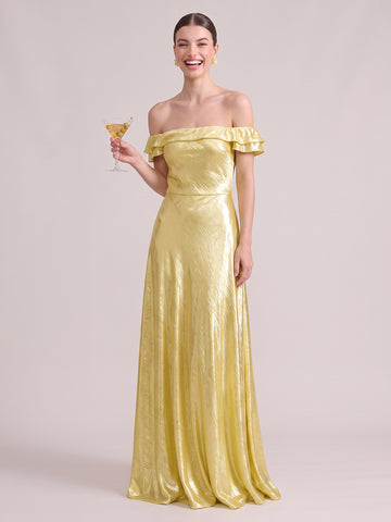 A Line Wedding Guest Dresses Off the Shoulder Metallic Sleeveless Long Satin Yellow 2026
