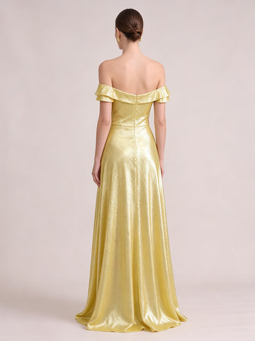 A Line Wedding Guest Dresses Off the Shoulder Metallic Sleeveless Long Satin Yellow 2026