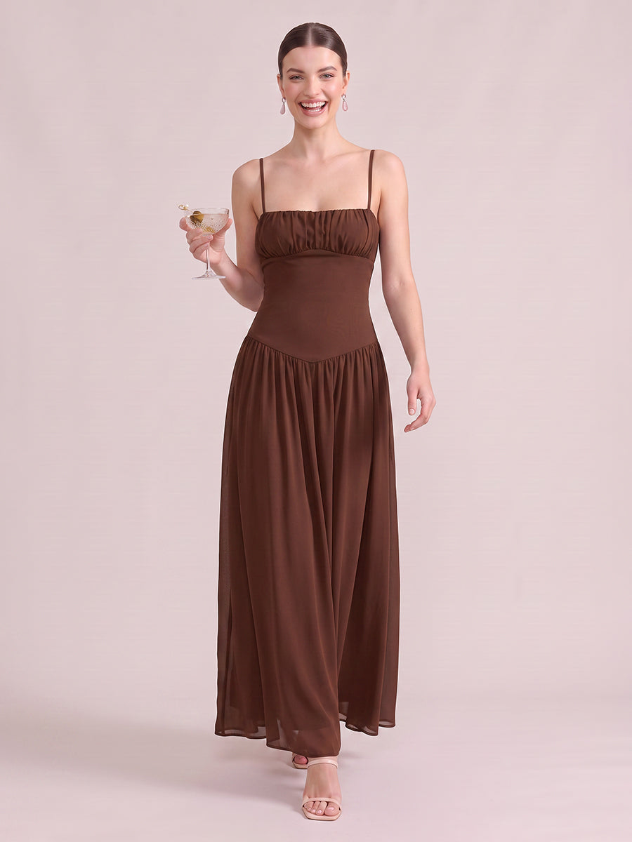 A Line Wedding Guest Dresses Square Neck Sleeveless Long Chiffon Brown 2026