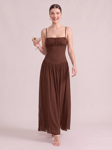A Line Wedding Guest Dresses Square Neck Sleeveless Long Chiffon Brown 2026