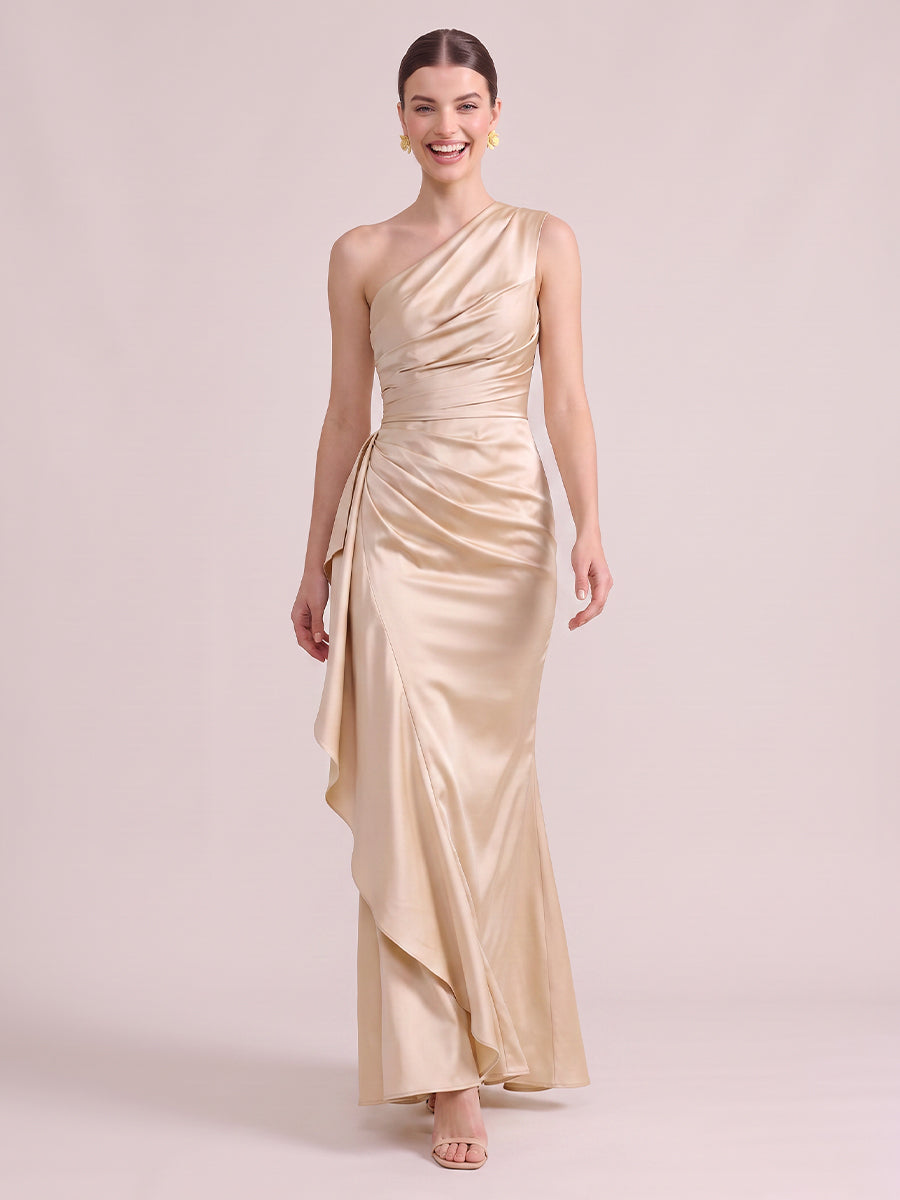 Mermaid Wedding Guest Dresses One Shoulder Sleeveless Long Satin Champagne 2026