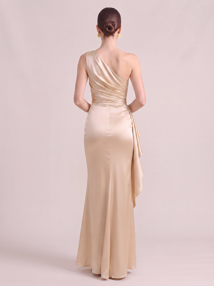 Mermaid Wedding Guest Dresses One Shoulder Sleeveless Long Satin Champagne 2026