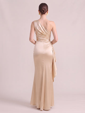 Mermaid Wedding Guest Dresses One Shoulder Sleeveless Long Satin Champagne 2026