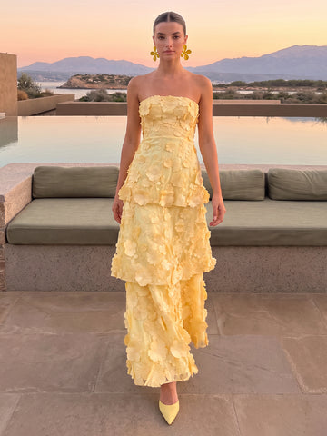 A Line Wedding Guest Dresses with Flower Strapless Sleeveless Tiered Long Yellow 2026