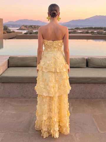A Line Wedding Guest Dresses with Flower Strapless Sleeveless Tiered Long Yellow 2026