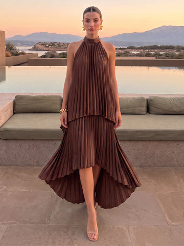 A Line Wedding Guest Dresses High Neck Sleeveless Pleated Long Chiffon Brown 2026