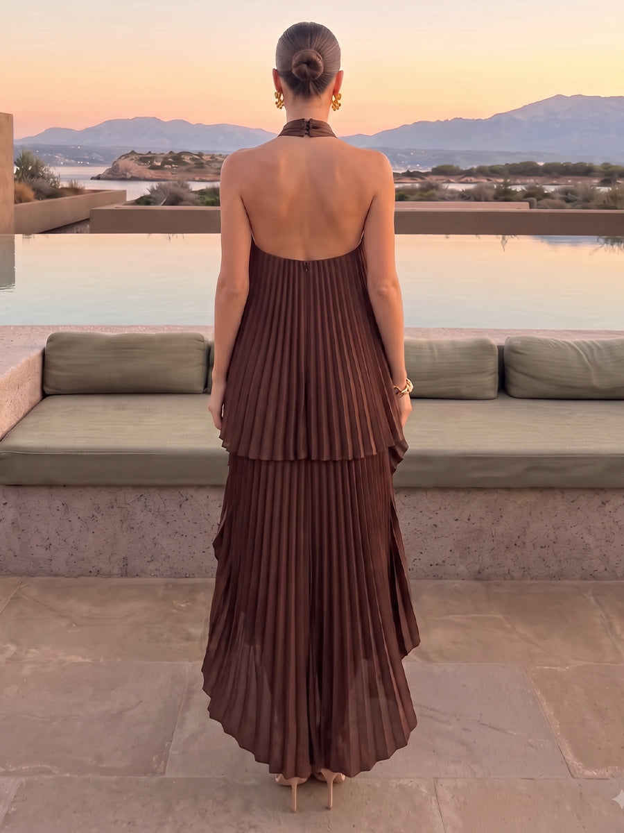 A Line Wedding Guest Dresses High Neck Sleeveless Pleated Long Chiffon Brown 2026