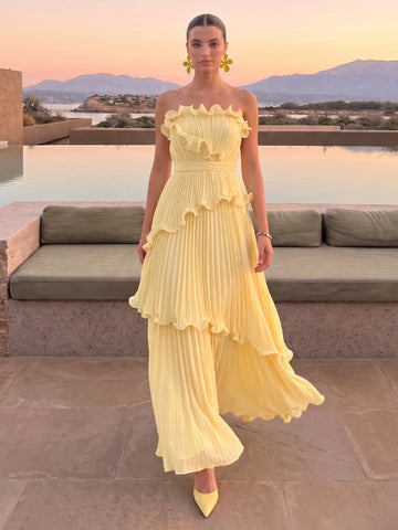 A Line Wedding Guest Dresses Strapless Sleeveless Pleated Long Chiffon Yellow 2026