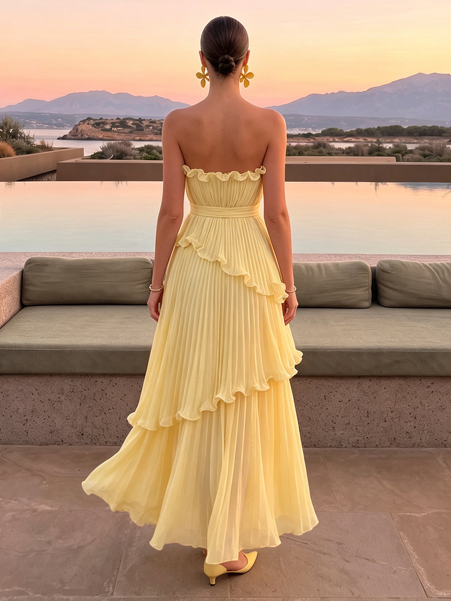 A Line Wedding Guest Dresses Strapless Sleeveless Pleated Long Chiffon Yellow 2026