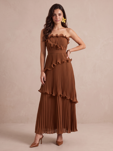 A Line Wedding Guest Dresses Strapless Sleeveless Pleated Long Chiffon Brown Evening Dresses