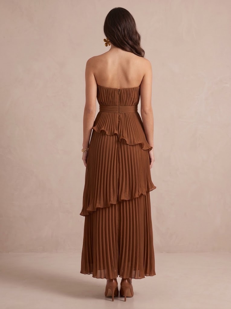 A Line Wedding Guest Dresses Strapless Sleeveless Pleated Long Chiffon Brown Evening Dresses