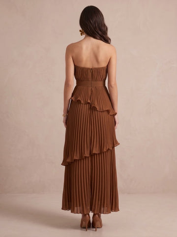 A Line Wedding Guest Dresses Strapless Sleeveless Pleated Long Chiffon Brown Evening Dresses