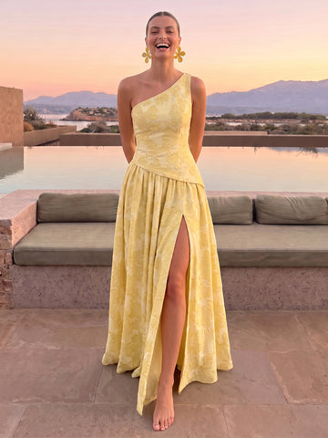 A Line Wedding Guest Dresses with Slit One Shoulder Sleeveless Long Jacquard Yellow 2026