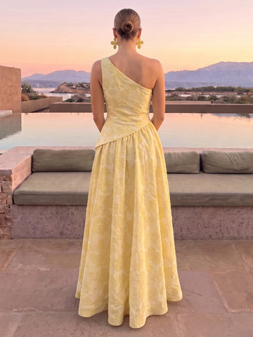 A Line Wedding Guest Dresses with Slit One Shoulder Sleeveless Long Jacquard Yellow 2026