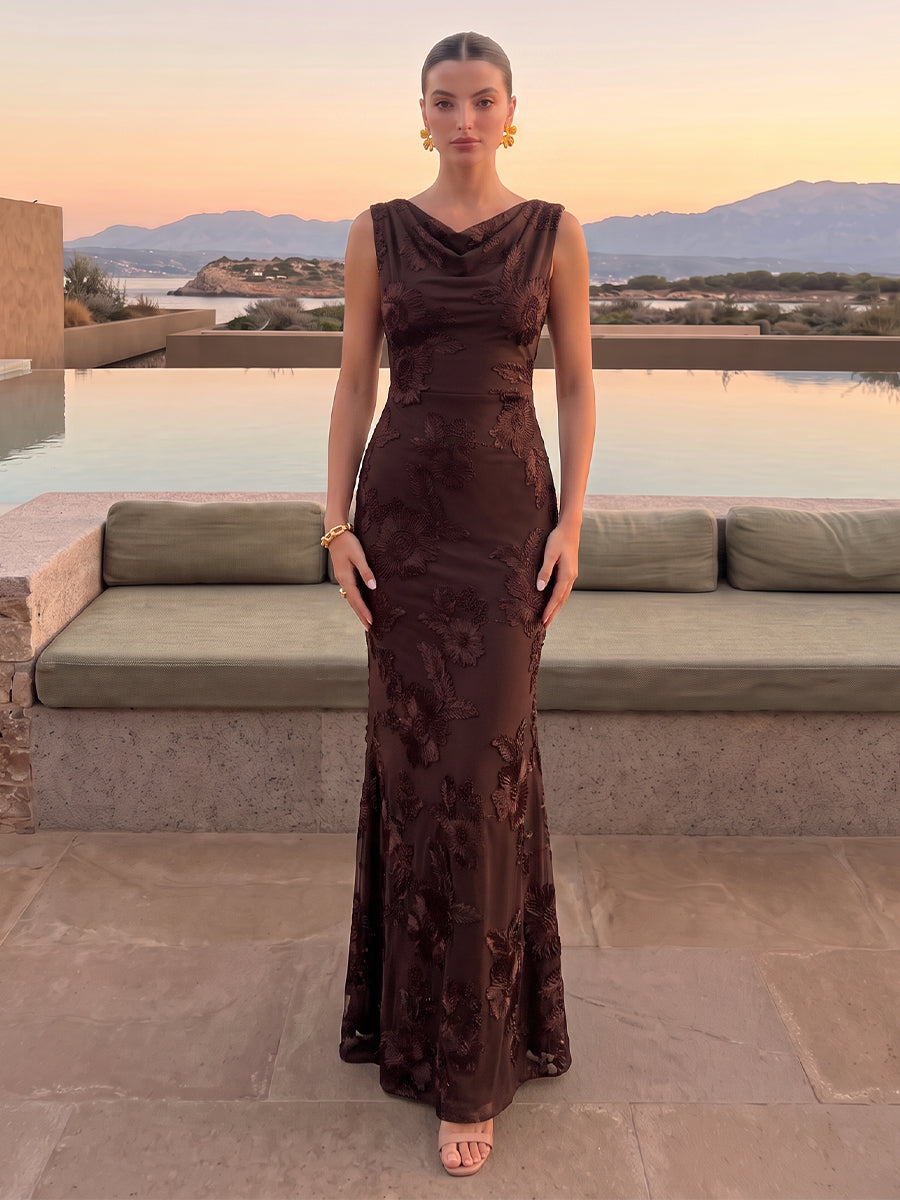 Mermaid Wedding Guest Dresses Cowl Neck Sleeveless Long Brown 2026