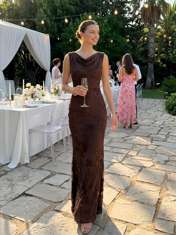 Mermaid Wedding Guest Dresses Cowl Neck Sleeveless Long Brown 2026