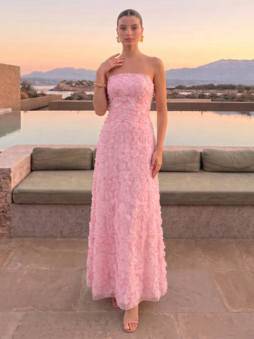 A Line Wedding Guest Dresses with Pearls Strapless Sleeveless Long Pink 2026