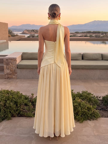 A Line Wedding Guest Dresses with Slit Strapless Sleeveless Long Chiffon Yellow 2026