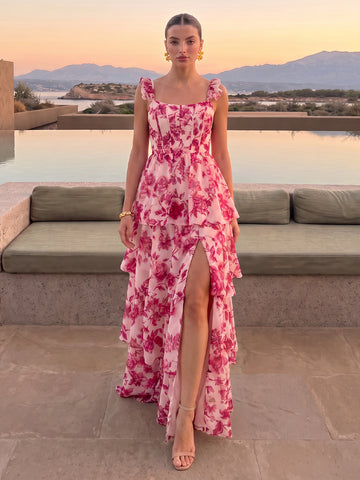 A Line Wedding Guest Dresses with Slit Square Neck Sleeveless Long Chiffon Tiered 2026