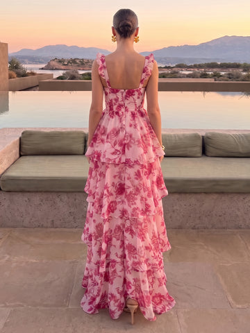 A Line Wedding Guest Dresses with Slit Square Neck Sleeveless Long Chiffon Tiered 2026