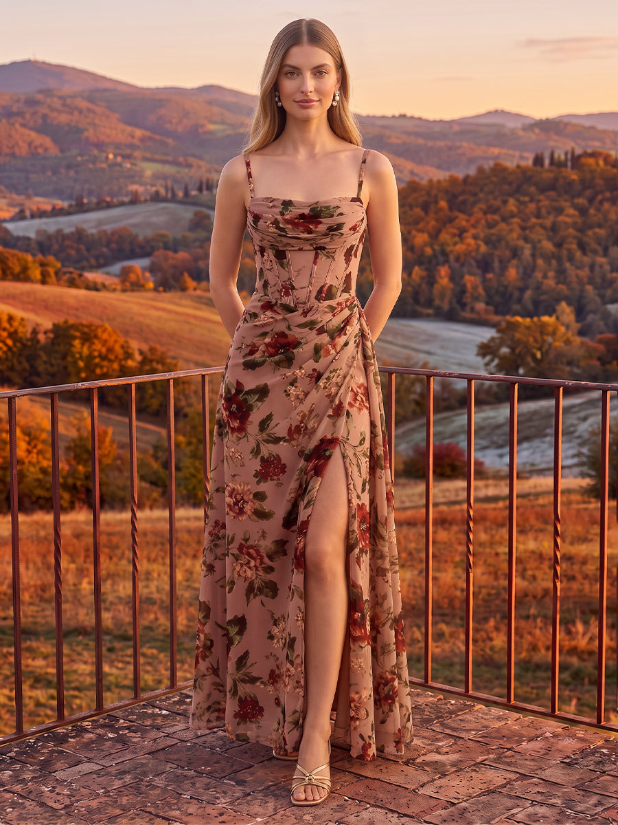 Nude Floral Print Maxi Wedding Guest Dresses Chiffon Corset Spaghetti Strap High Slit