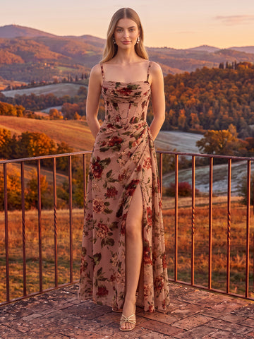 Nude Floral Print Maxi Wedding Guest Dresses Chiffon Corset Spaghetti Strap High Slit
