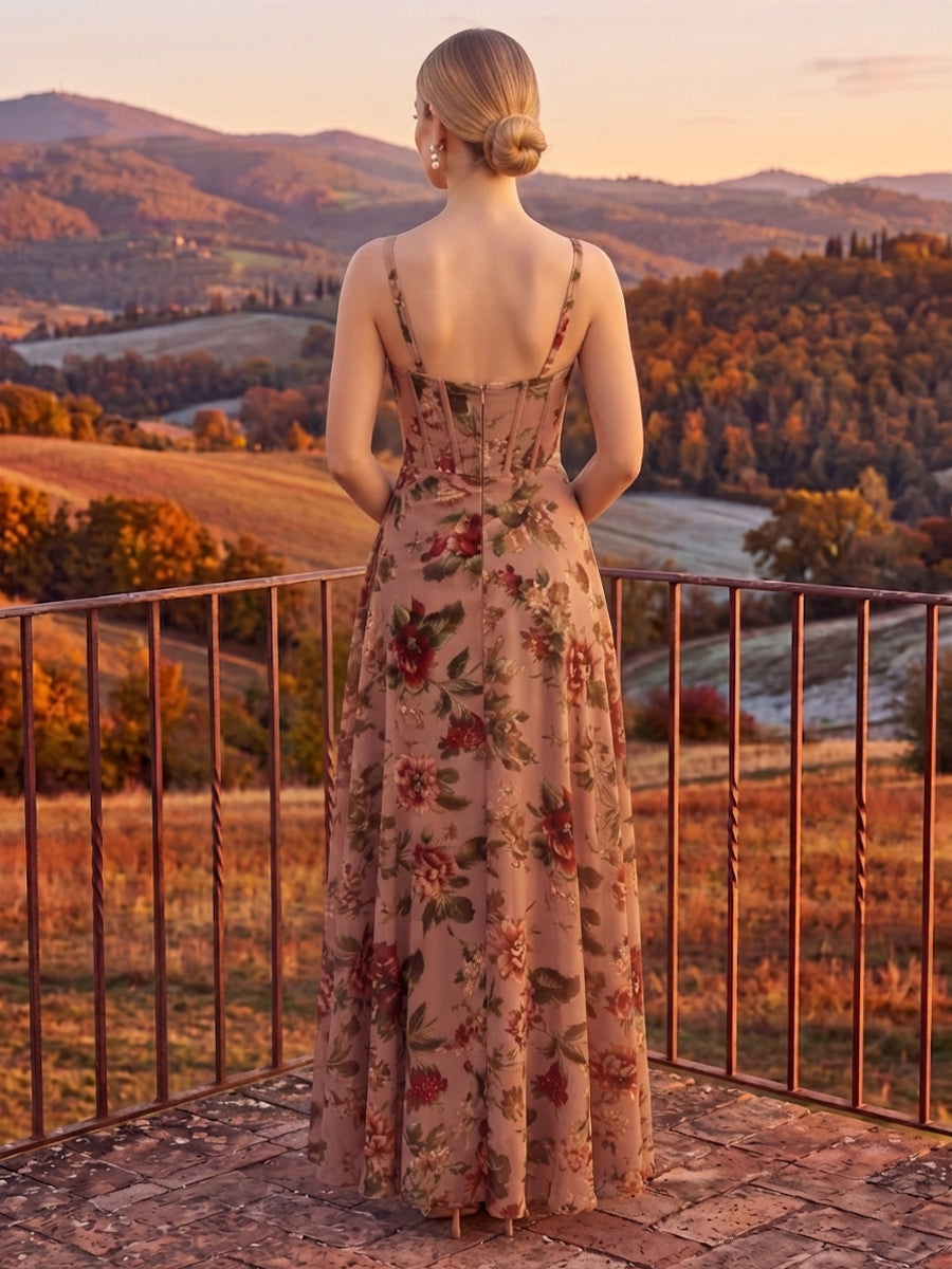 Nude Floral Print Maxi Wedding Guest Dresses Chiffon Corset Spaghetti Strap High Slit