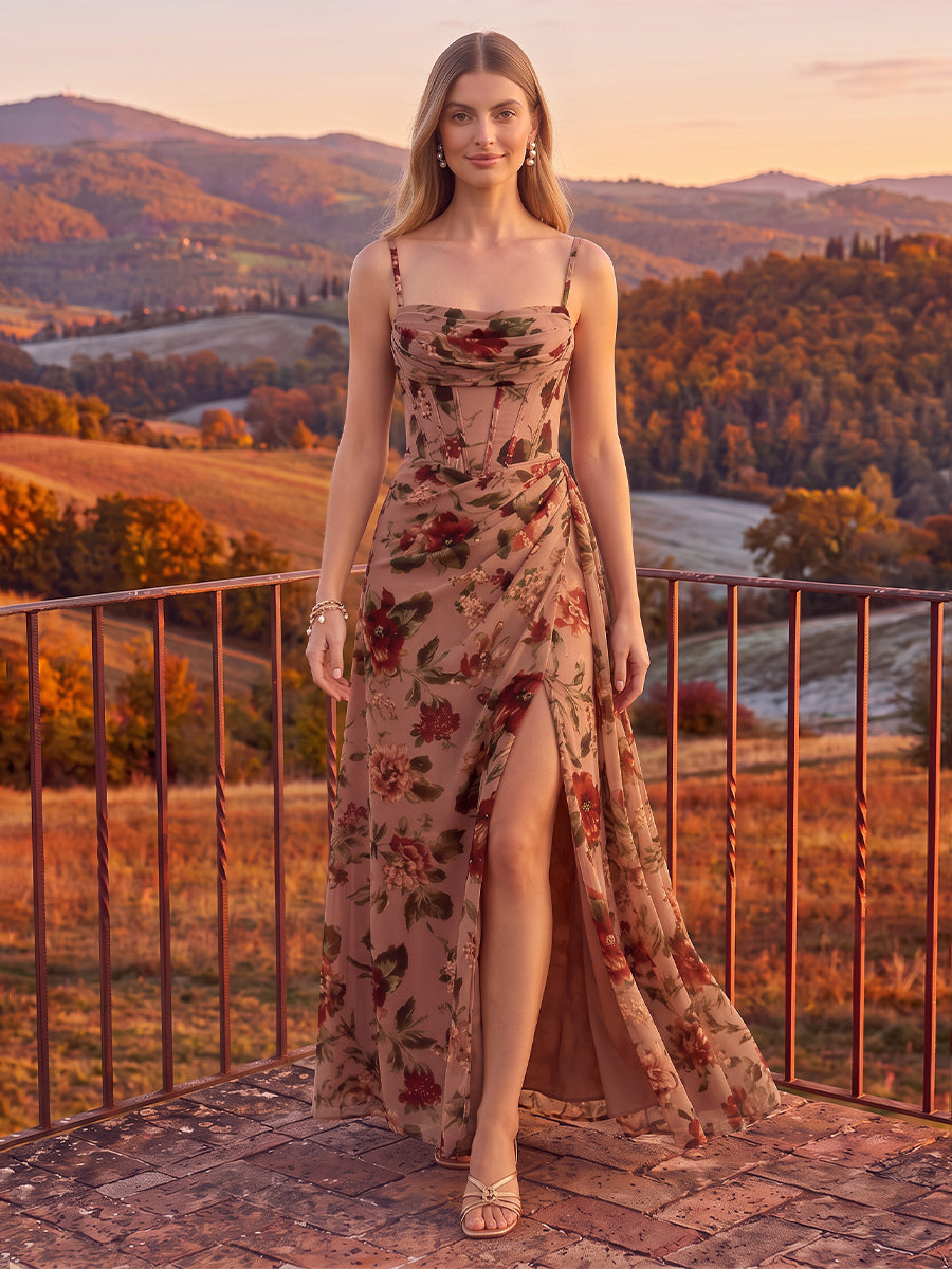Nude Floral Print Maxi Wedding Guest Dresses Chiffon Corset Spaghetti Strap High Slit