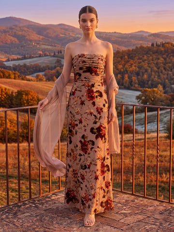 Floral Print Maxi Wedding Guest Dresses Chiffon Strapless Ruched With Shawl