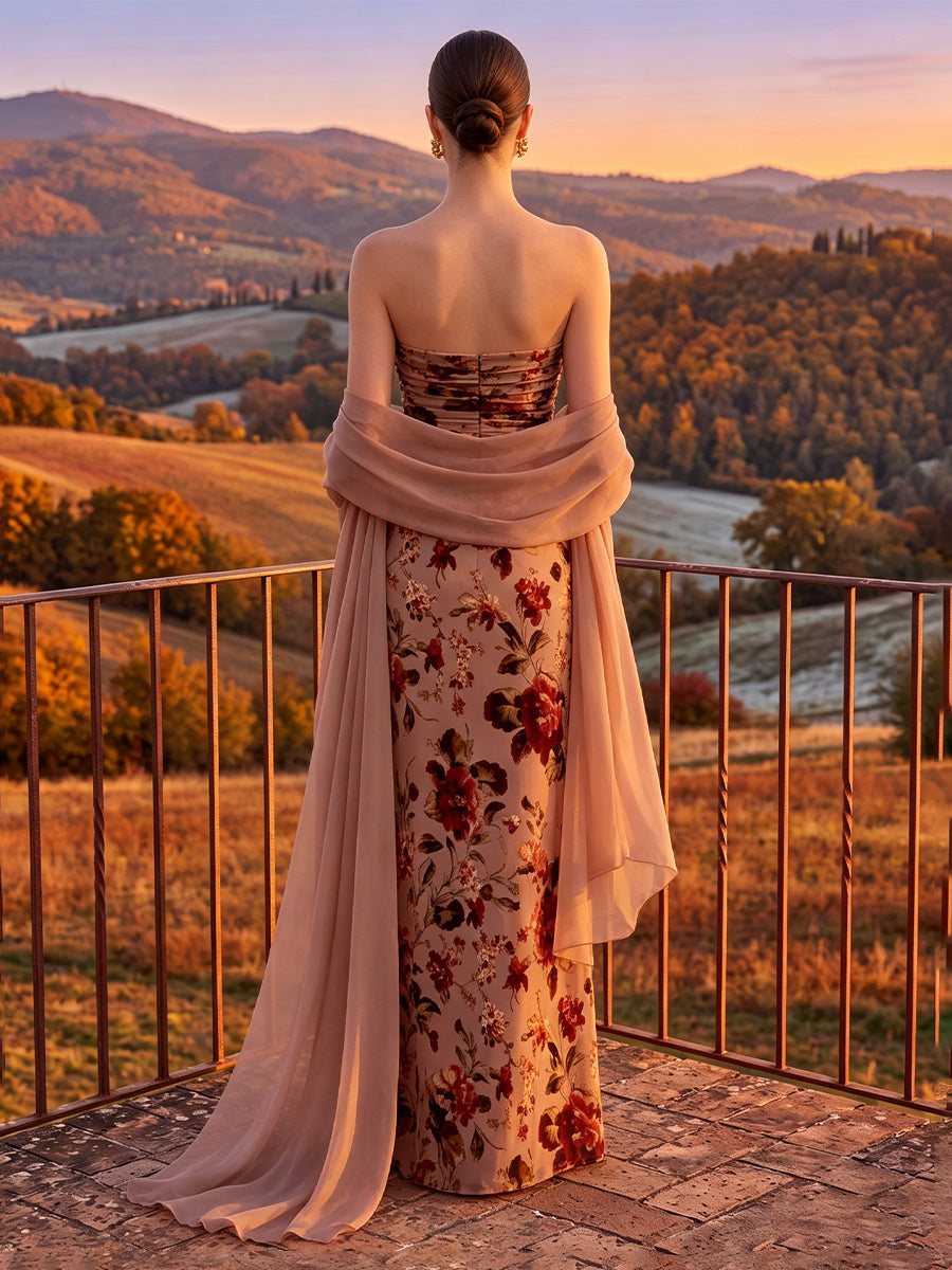 Floral Print Maxi Wedding Guest Dresses Chiffon Strapless Ruched With Shawl