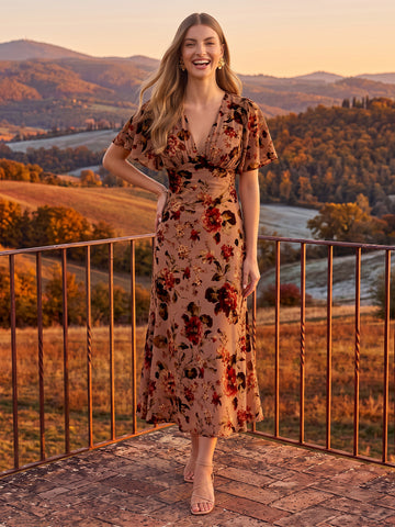 Floral Print Midi Wedding Guest Dresses Chiffon V Neck Short Sleeveless A Line