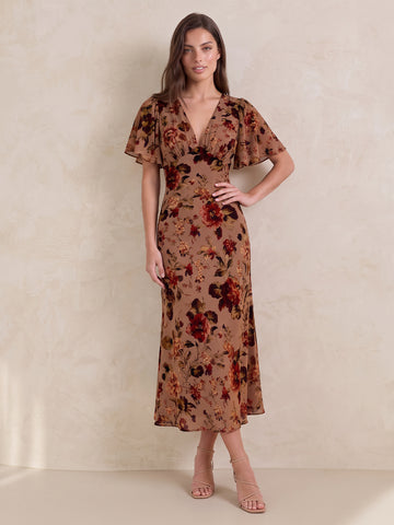 Floral Print Midi Wedding Guest Dresses Chiffon V Neck Short Sleeveless A Line Cocktail Dresses