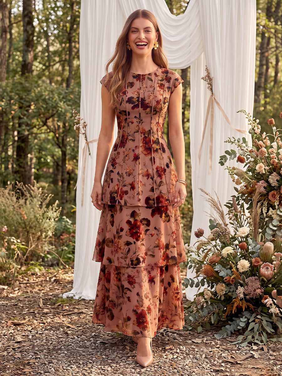 Floral Print Midi Wedding Guest Dresses Chiffon Cap Sleeve Round Neck Tiered